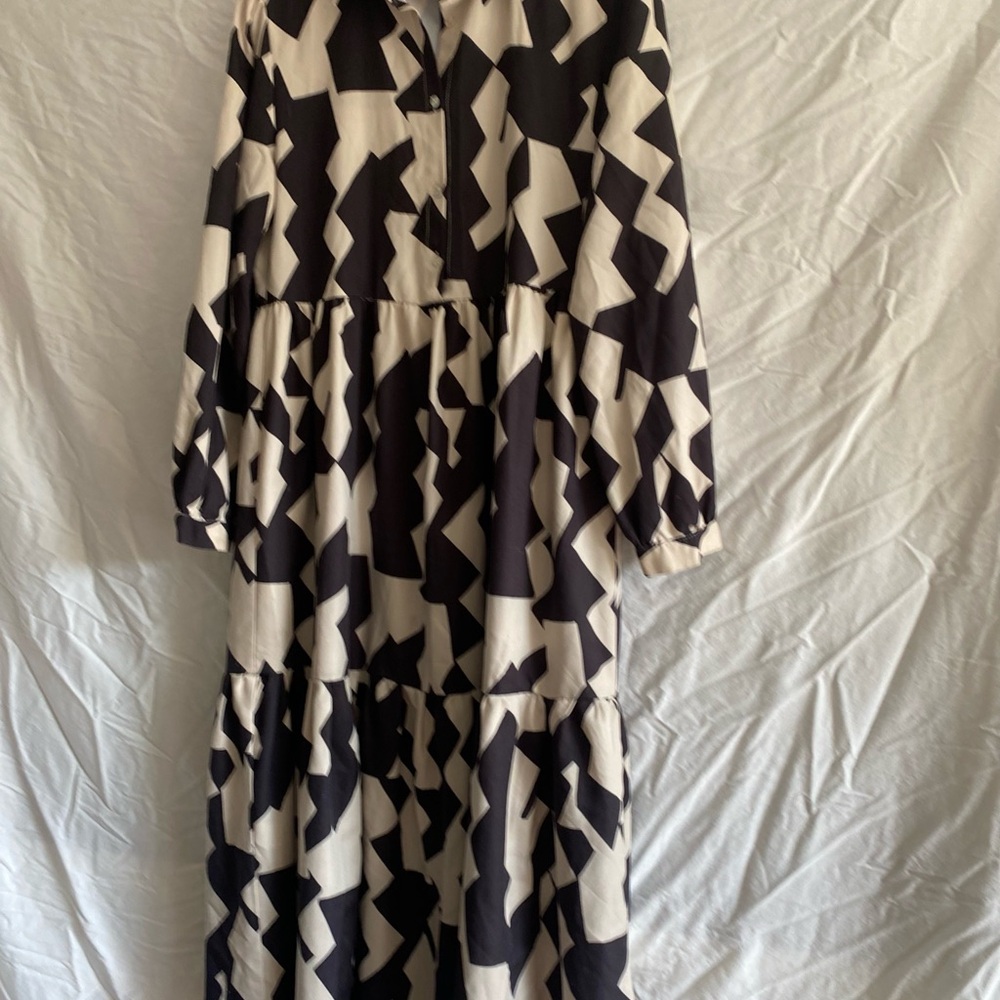 Black and Cream Geometric Maxi Button-Up Dress